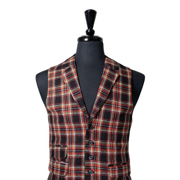 Mens Tartan Plaid Vest 40R Black Orange Wool Waistcoat Wedding Prom Formal Party - Picture 4 of 9